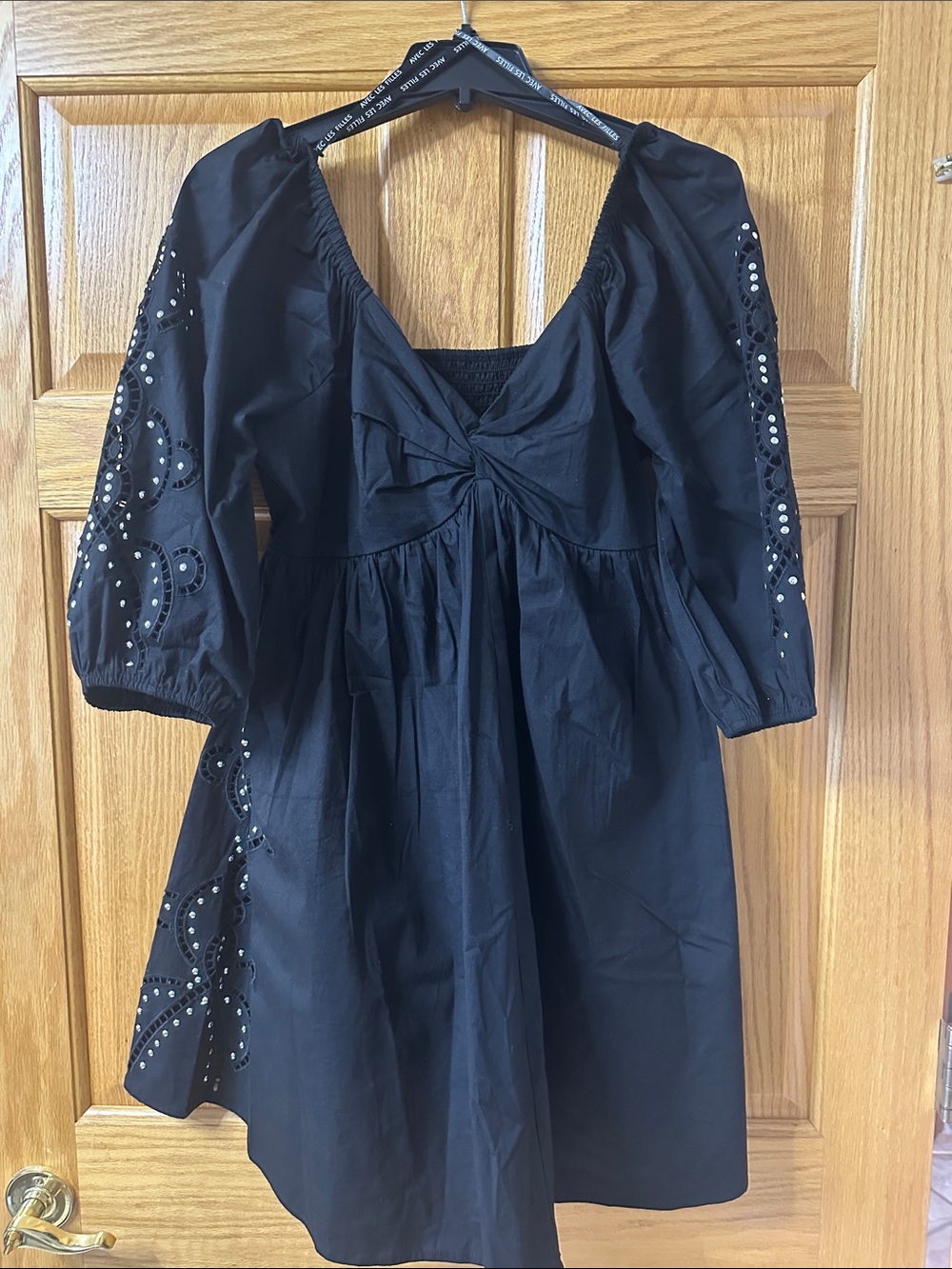 Avec Les Filles Black Mini Dress with Knot Front and Eyelet Puff Sleeves